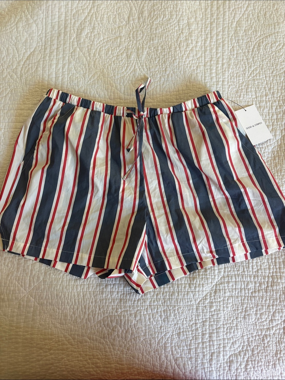 Solid & Striped Drawstring Women’s Shorts - Navy, White & Red